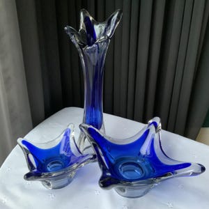 Mid-Century LIVANI Art Glass Vase & Bowls: Blue Wavy Glass Decor