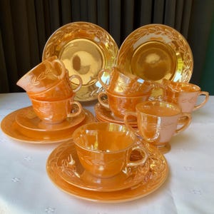 Fire King Peach Luster Demitasse Trio: Gold Swirl Coffee Cup, Creamer, Sugar Bowl