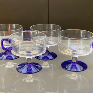 4x Pedestal Footed Clear-Blue Glass Tea Irish Coffee Mugs Glasses