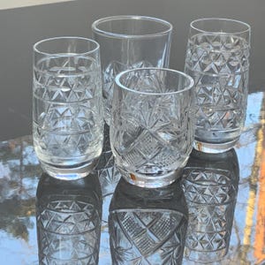Set of 4 Mismatched Vintage MID-Century Modern Etched 1.7 OZ Crystal Glasses, Vodka shot,  Liqueur, Spirit Tasting