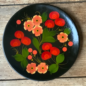 Ukrainian Vintage Petrykivka Hand Painted Floral Black Lacquer Plate Wall Decor, Wood Wall Plate, Floral Design, Slavic Wall Plate