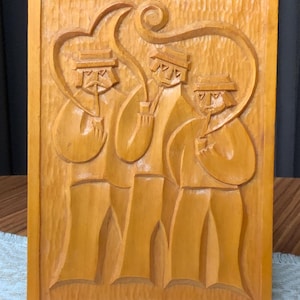 Vintage Carved Wood Wall Plaque: Three Men Artwork