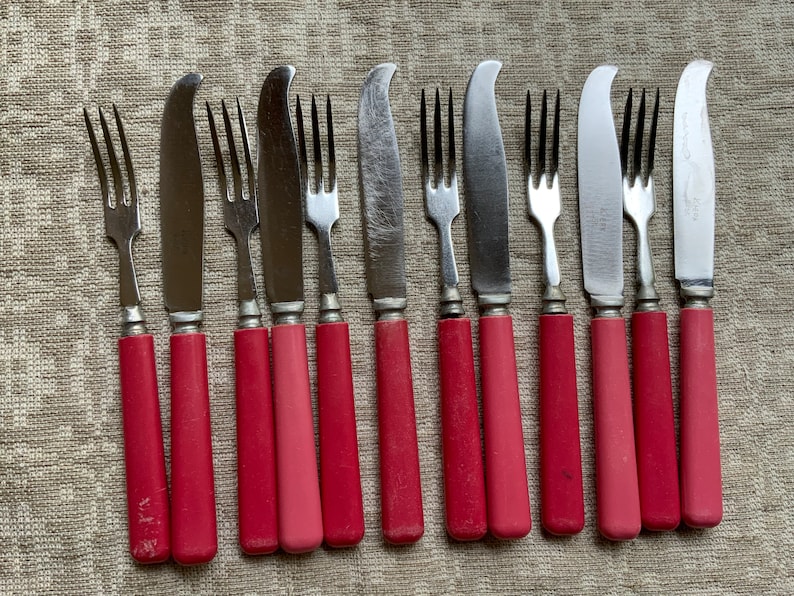 Op de afbeelding: Set van tien zilverkleurig bestek met rode kunststof handvatten. De set bevat vijf vorken en vijf botermesjes.