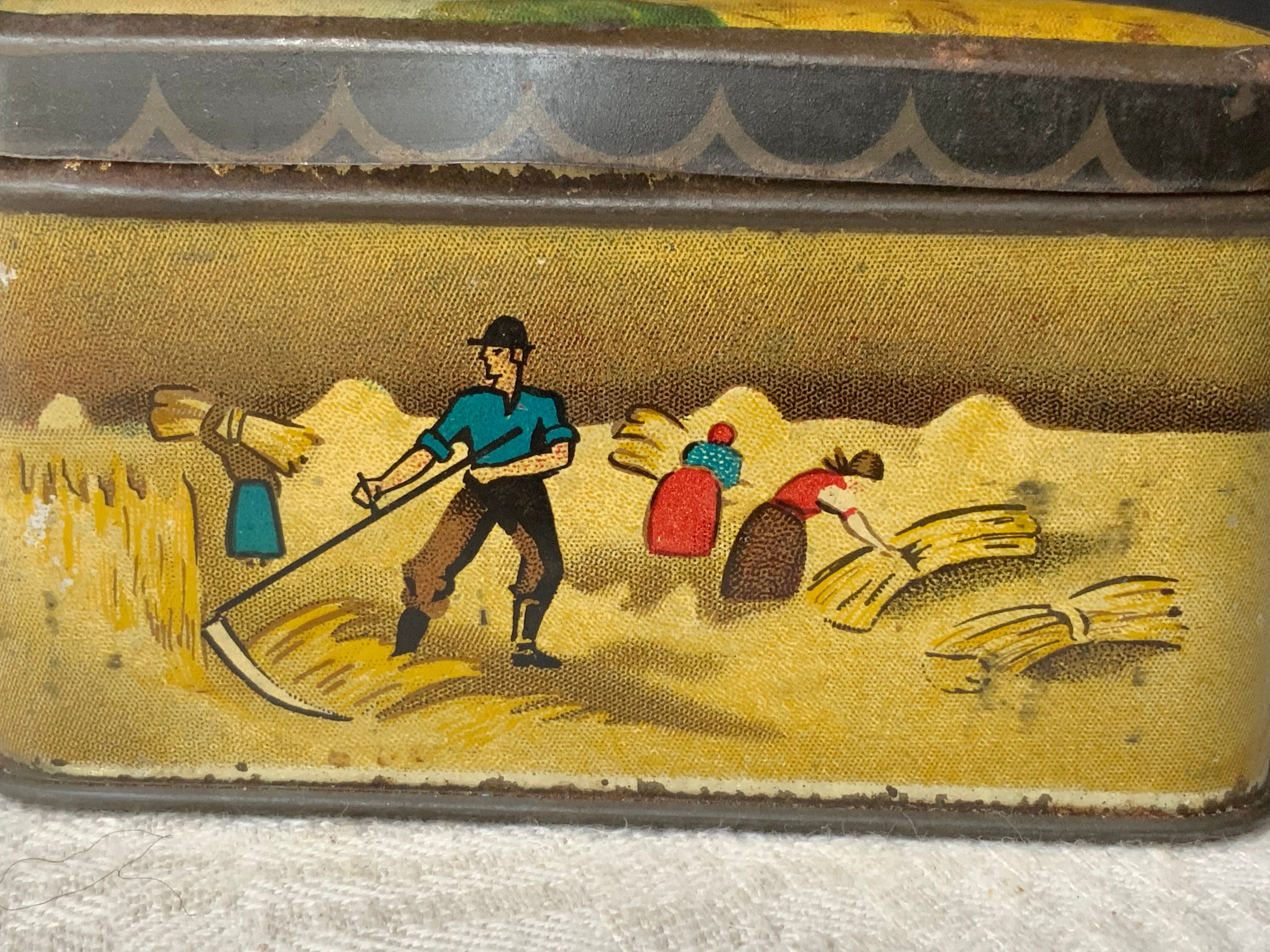 Vintage Metal Box With Lid Illustrated With Llatvia Motif, Antique