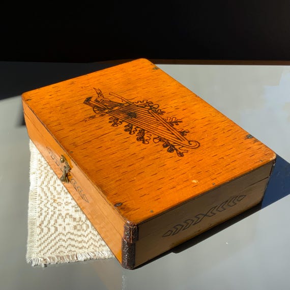 Vintage Wood-Burned Trinket Box: Latvia Pattern, Antique Jewelry Box