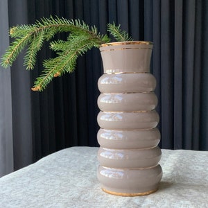Gray Ceramic Vase: Tall Pottery Vase with Gold Rim (9.8in)