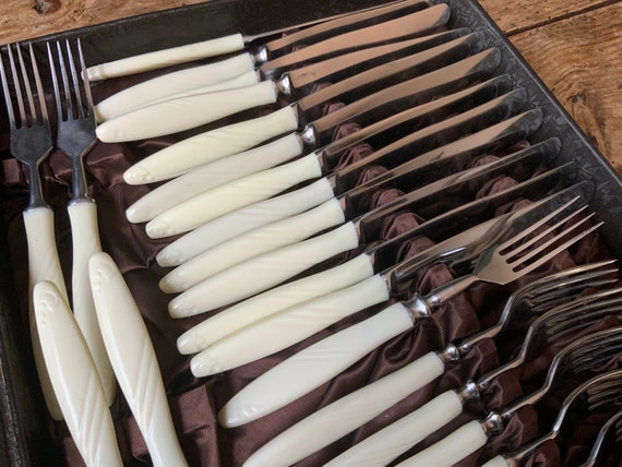 Vintage Faux Bone Handle Flatware Set, Soviet Era 1960s