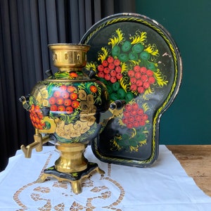 Vintage Khokhloma Samovar with Tray: Hand-Painted USSR Teapot