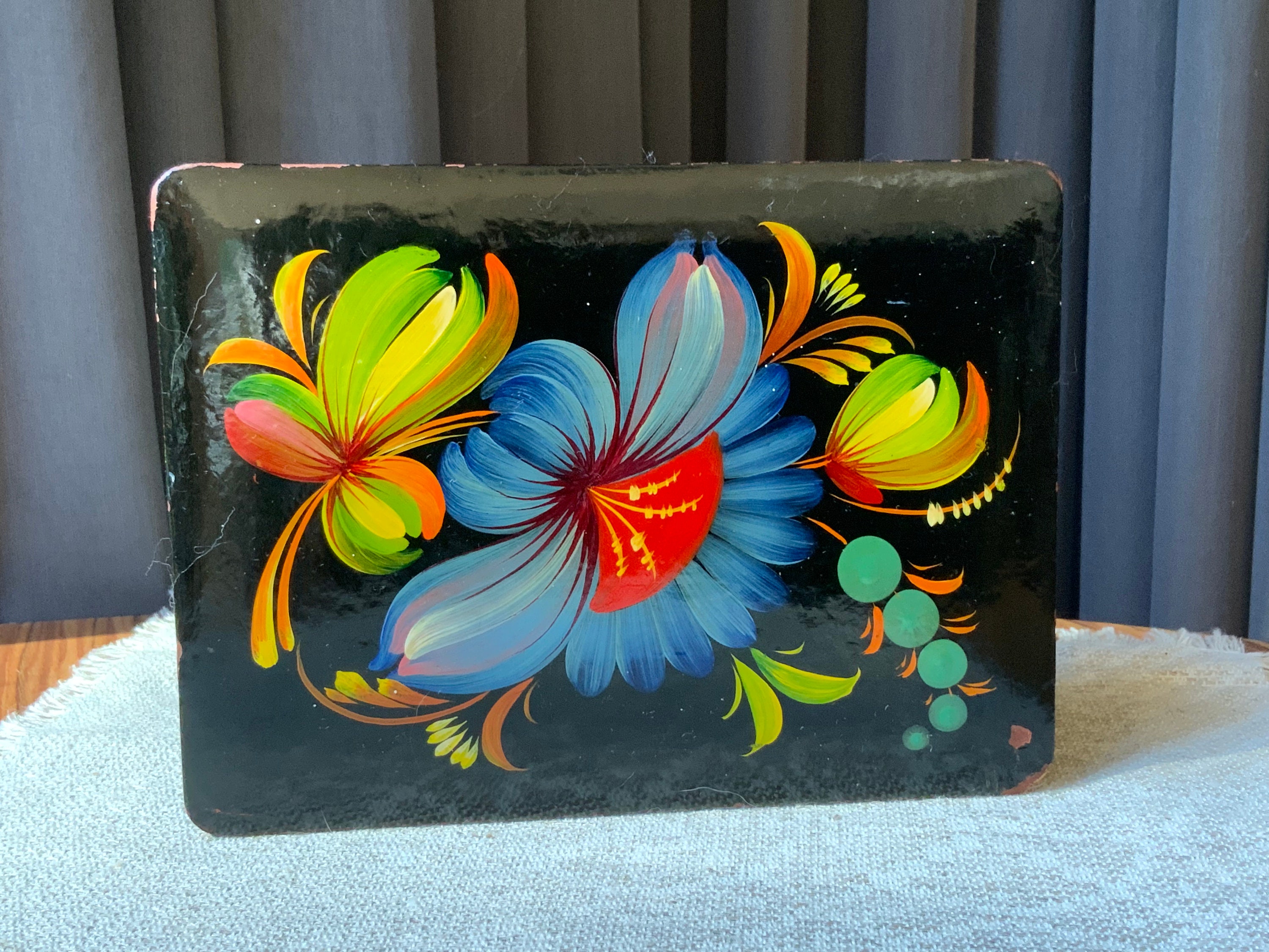 Hand Painted Lacquer Jewelry Box, Petrykivka Floral Trinket Chest
