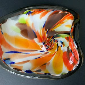 Mid century multicolor serving bowl. Vintage hand blown glass vase. Art deco large bowl. Heavy glass vase