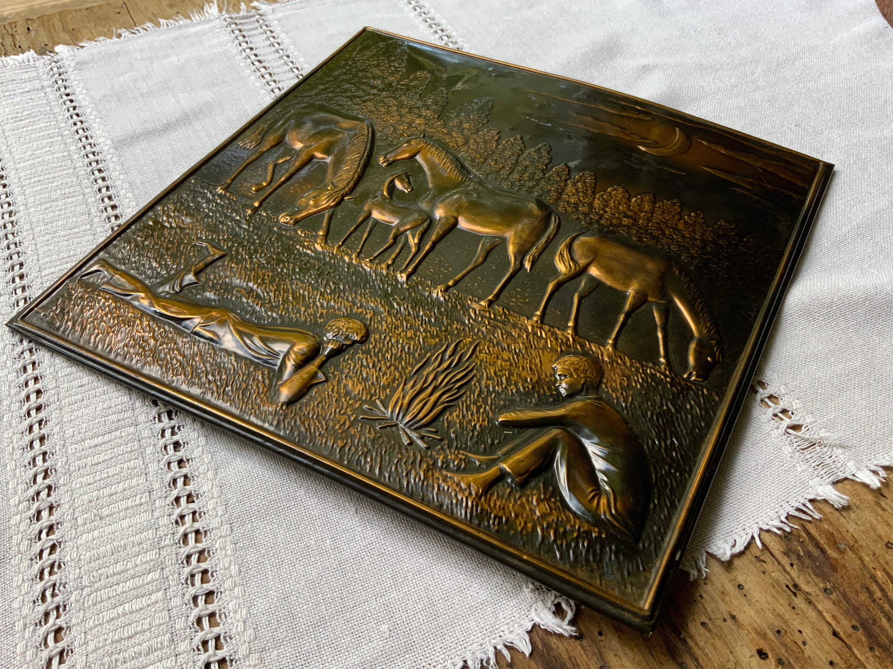 Vintage Decorative Metal Copper Chasing ,boy With Horses Plaque, Wall ...