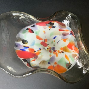 Mid century multicolor serving bowl. Vintage hand blown glass vase. Art deco large bowl. Heavy glass vase