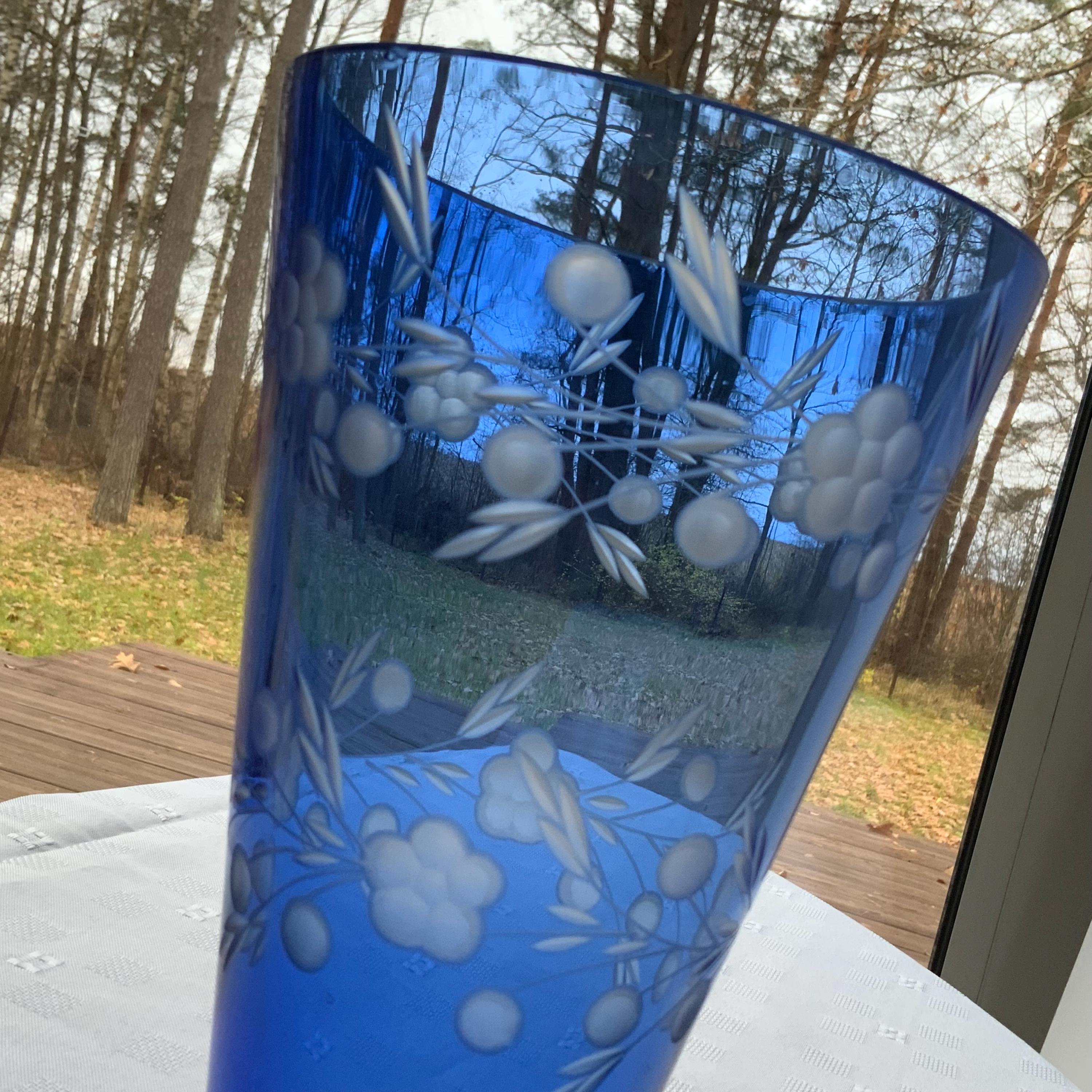 Floral Etched Blue Glass Vase, 7.8in Tall, Heavy Glass - Etsy