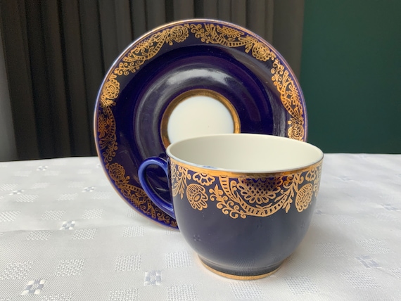 Rare Lomonosov LFZ Imperial Porcelain Coffee Cup Duo: Cobalt Blue