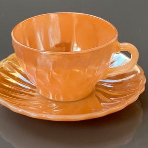 Gold Shiny Fire King Peach Luster Swirl Demitasse Cup and Saucer