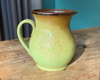 Ceramic  green vase- Pitcher, pottery vase - Jug, with handle, flower vase, Latvian style, earthenware, vintage from the 70s.