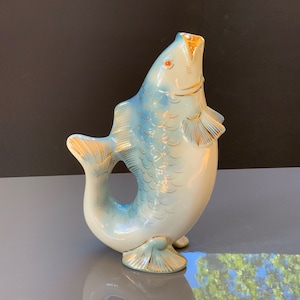 Fish Decanter Drinking Porcelain fish Carafe for Vodka Whiskey Gold trim Vintage barware,  USSR Carp decanter (# 523 )