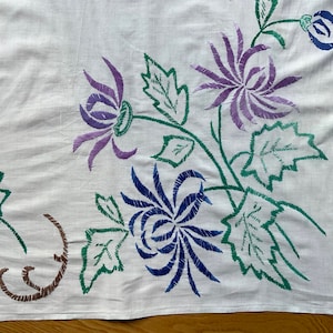 Vintage Embroidered Tablecloth: Handmade Floral Tapestry, 60s Rustic Decor