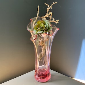 Pink color Ruffled Glass Vase 13.5in tall,  Handcrafted, blown vase, retro wedding gifts