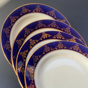 Vintage Riga Porcelain Dessert Plates (Set of 4) - Cobalt & Gold Trim