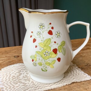 Riga Porcelain Factory Juice, Milk Jug, Vintage White Decorated with strawberries Faience Pitcher, Home Decor, on the 1980&#39;s. RPR (# 611 )