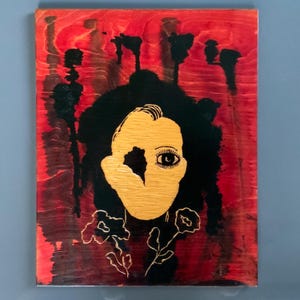 Wood wall hanging, picture, vintage Retro painting, Carved Wood Plaque under lacquer, the 60s, Handmade