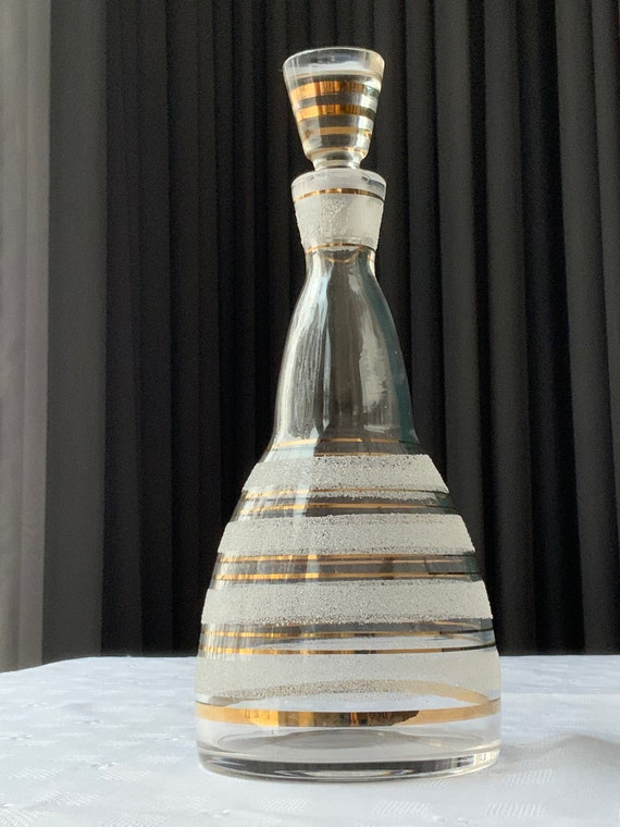 Vintage Frosted Glass Decanter Set: Gold Trimmed Shot Glasses