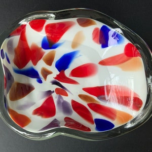 Mid century multicolor serving bowl. Vintage hand blown glass vase. Art deco large bowl. Heavy glass vase