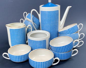 Retro coffee set, Riga Porcelain Factory, the 60s &quot;Saulite&quot; coffee-tea service, blue white checkered, minimalist design, Vintage kitchen