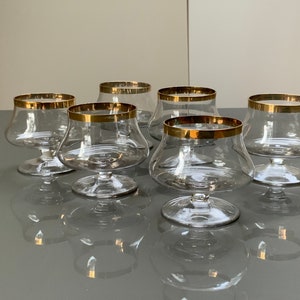 6x Vintage Gilded glassware Cognac glasses set of 6 Stemmed Cognac  glasses Gold rimmed Old fashioned glass Barware from the 70s (# 538 )