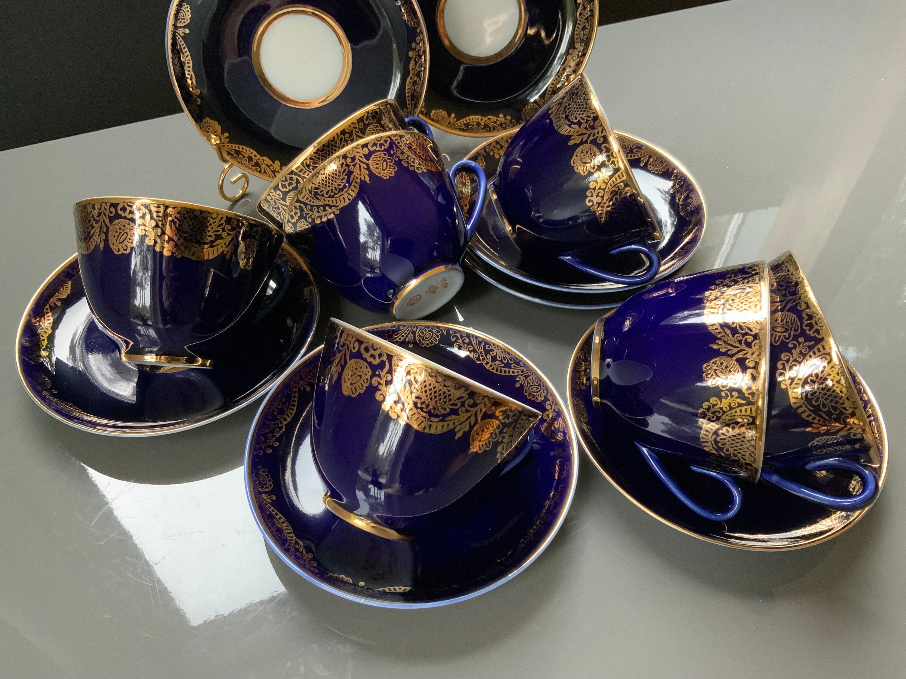 Vintage Lomonosov Porcelain Tea Cup Duo: Cobalt Blue, Gold Hand