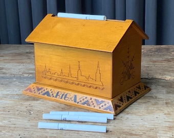 Vintage Wood Cigarette Dispenser, Hand Carved Burned Wood, 1950s
