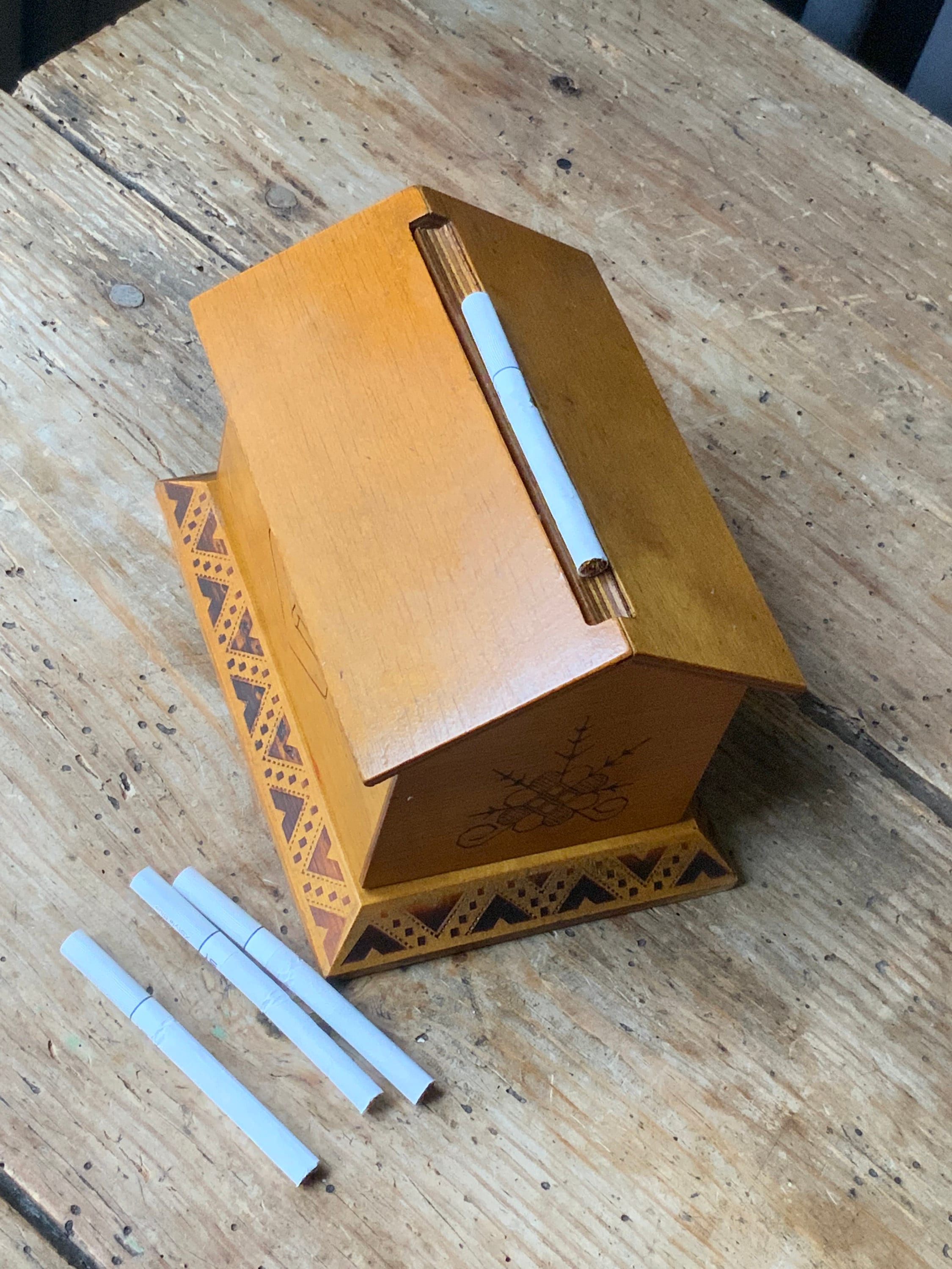 antique wooden cigarette dispenser Rare Vintage Novelty Box / with a bird mech One-Offs Walnut Casket Cigarette Dispenser, Funeral