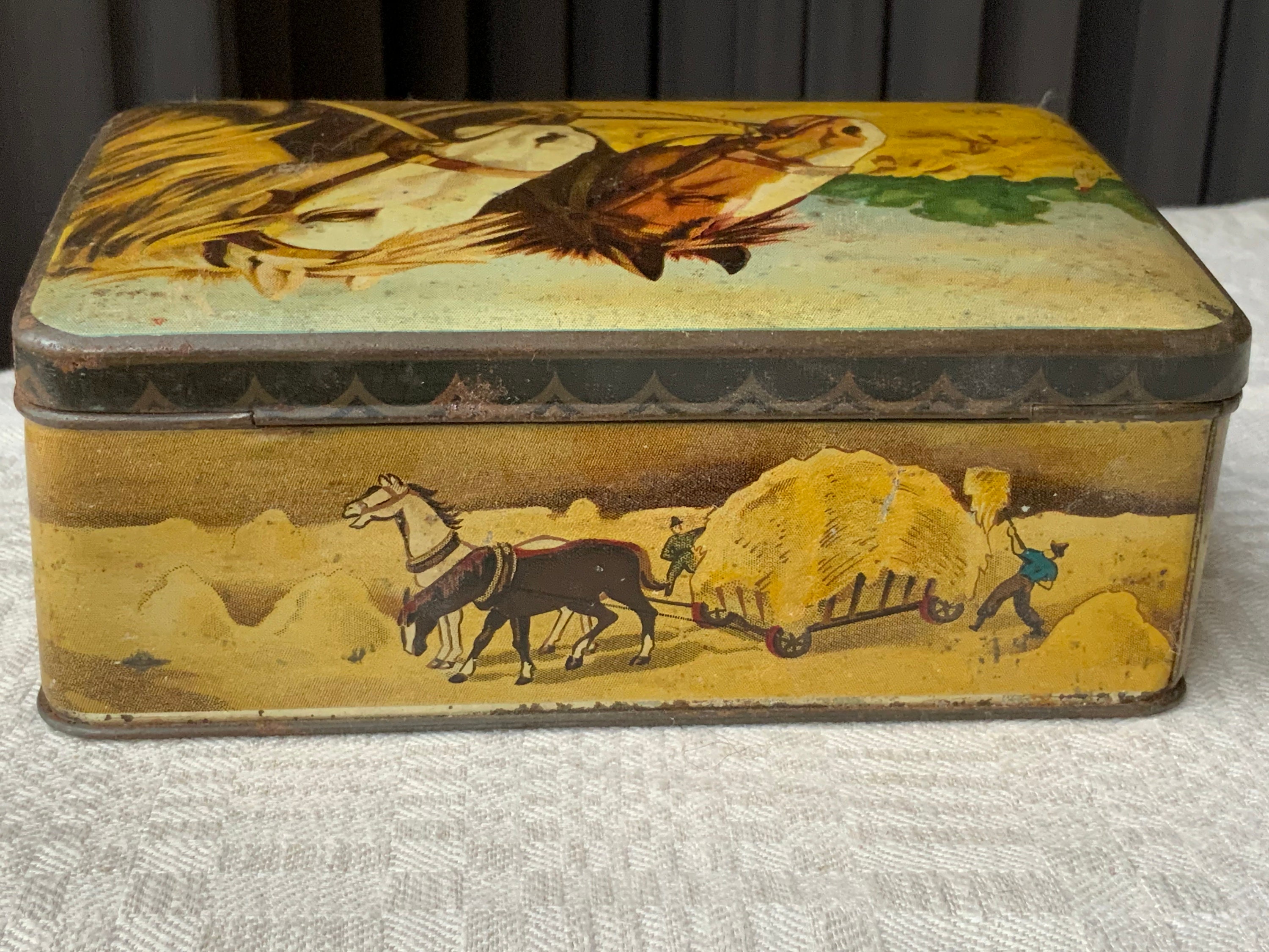 Vintage Metal Box With Lid Illustrated With Llatvia Motif, Antique