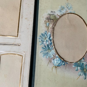 Pagine di album fotografici vittoriani con fiori, cornici ornamentali per foto, supporti fotografici decorativi, cartoline per armadietti, album fotografici antichi