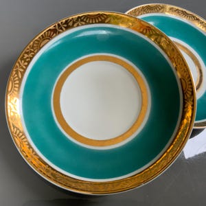 2x Lomonosov Imperial porcelain, Vintage green gold porcelain Saucers,  Ornament gold rim, teacup saucers, LFZ Lomonosov (# 635 )