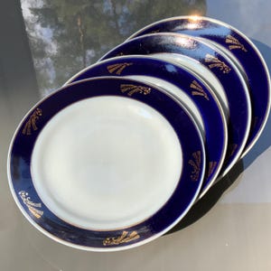 Gold rimmed Vintage Soviet-era plates D 8in with ears of rye, cobalt blue and golden border, Riga, Latvia, Porcelain factory, the 1980s