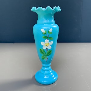 Aqua Blue Glass Vase: Vintage Hand-Painted Floral Decor, 6.5in