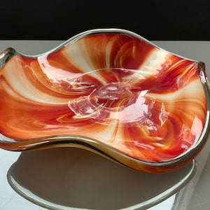 Handblown Mid century multicolor serving bowl. Vintage hand blown glass vase. Art deco large bowl. Heavy glass vase (#9999)