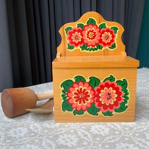 Vintage Floral Folk Art Salt Box: Handmade Wooden Wall Hanging, USSR 1986