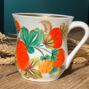 Handpainted Strawberries - Korosten porcelain mug, Vintage porcelain Tea-Coffee mug, Cup, Ornament floral teacup, Floral Strawberries Mug