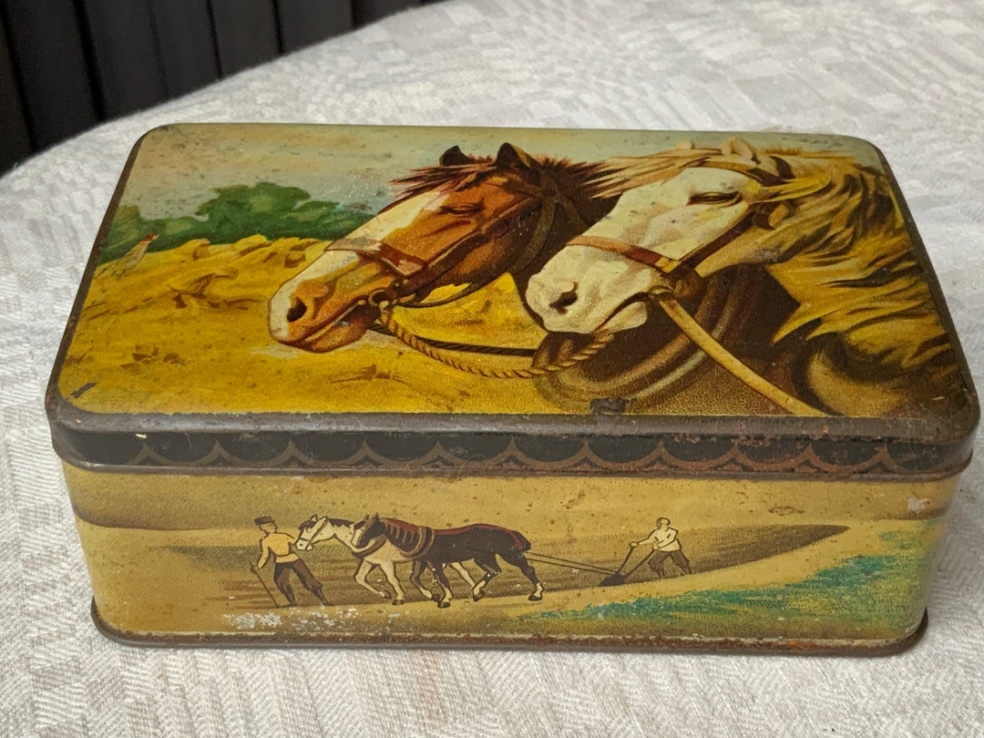 Vintage Metal Box With Lid Illustrated With Llatvia Motif, Antique