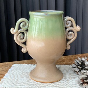 Vintage Latvian Ceramic Vase with Handles - Beige Green Pottery
