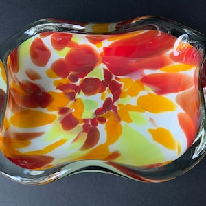 Mid century multicolor serving bowl. Vintage hand blown glass vase. Art deco large bowl. Heavy glass vase