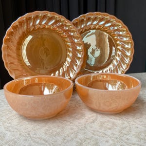 Gold Shiny Fire King Peach Luster Round plates and  bowls