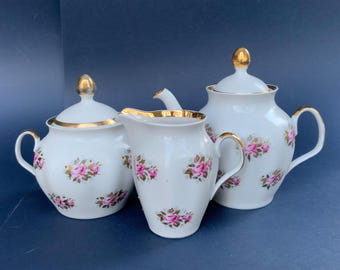 Riga porcelain factory coffee-tea Services creamer, tea kettle, and sugar bowl thin porcelain, Latvia Porcelain, Floral decal from the 70s