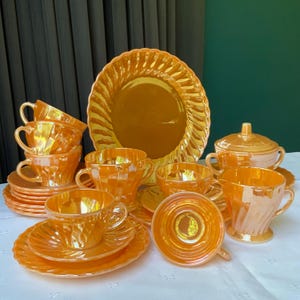 Fire King Peach Luster Demitasse Set: Gold Swirl Coffee Cups, Creamer, Sugar Bowl