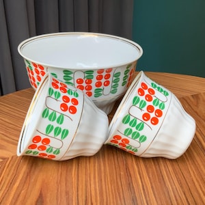 Vintage Riga Porcelain Factory, Set of 2 big and small, Fruits Design, Gold Trim, for Ice Cream, Dessert, Fruits Dish Bowl-Large Cup,the 70s