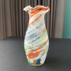 Fluted Ruffled Vintage glass vase with colored swirl stripes Murano style. Handmade Vase for flowers Made in 1970 s (#205)