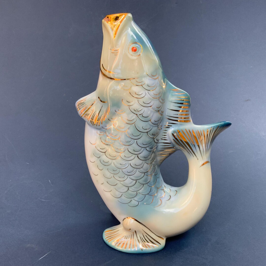 Vergoldete Vintage Porzellan Fisch Karaffe: UDSSR Barware (# 295 )
